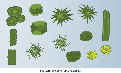 illustration flat cartoon top view of tree and bushes