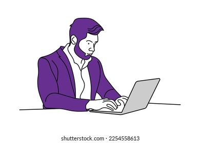 Illustration of a flat character boy laptop use line art vector design white background