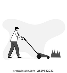 illustration of flat character mowing grass with lawn mower