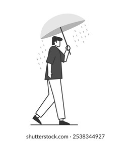 illustration of a flat character walking carrying an umbrella because it is raining