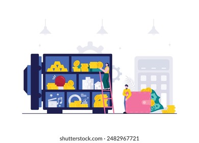 Illustration Flat Color Finance Saving Money in Save Box