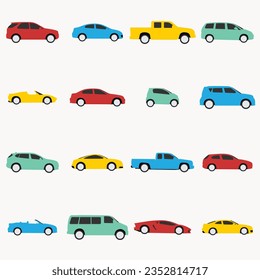 Illustration of flat of colored cars with side view icons logos