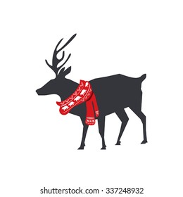 Illustration of flat deer silhouette with red winter scarf isolated on white background