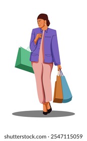 Illustration of flat design about female shopper after sale. Fashion woman with lot of purchases in hands. Girl walking with shopping bags. Flat illustration isolated on white background.