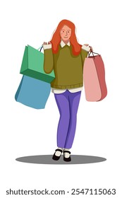 Illustration of flat design about female shopper after sale. Fashion woman with lot of purchases in hands. Girl walking with shopping bags. Flat illustration isolated on white background.