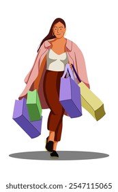 Illustration of flat design about female shopper after sale. Fashion woman with lot of purchases in hands. Girl walking with shopping bags. Flat illustration isolated on white background.