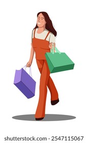 Illustration of flat design about female shopper after sale. Fashion woman with lot of purchases in hands. Girl walking with shopping bags. Flat illustration isolated on white background.