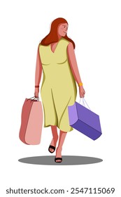 Illustration of flat design about female shopper after sale. Fashion woman with lot of purchases in hands. Girl walking with shopping bags. Flat illustration isolated on white background.