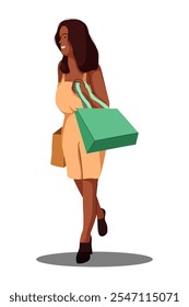 Illustration of flat design about female shopper after sale. Fashion woman with lot of purchases in hands. Girl walking with shopping bags. Flat illustration isolated on white background.