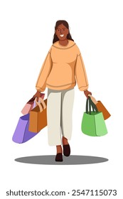 Illustration of flat design about female shopper after sale. Fashion woman with lot of purchases in hands. Girl walking with shopping bags. Flat illustration isolated on white background.