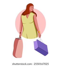 Illustration of flat design about female shopper after sale. Fashion woman with lot of purchases in hands. Girl walking with shopping bags. Flat illustration isolated on white background.