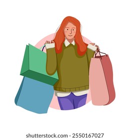 Illustration of flat design about female shopper after sale. Fashion woman with lot of purchases in hands. Girl walking with shopping bags. Flat illustration isolated on white background.