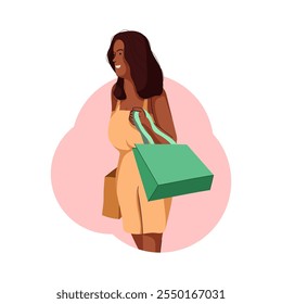 Illustration of flat design about female shopper after sale. Fashion woman with lot of purchases in hands. Girl walking with shopping bags. Flat illustration isolated on white background.