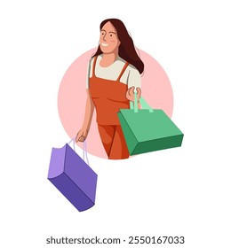 Illustration of flat design about female shopper after sale. Fashion woman with lot of purchases in hands. Girl walking with shopping bags. Flat illustration isolated on white background.