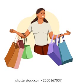 Illustration of flat design about female shopper after sale. Fashion woman with lot of purchases in hands. Girl walking with shopping bags. Flat illustration isolated on white background.