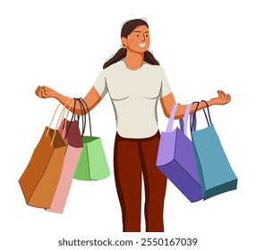 Illustration of flat design about female shopper after sale. Fashion woman with lot of purchases in hands. Girl walking with shopping bags. Flat illustration isolated on white background.