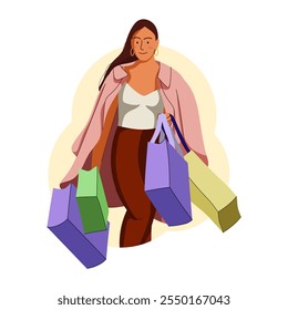 Illustration of flat design about female shopper after sale. Fashion woman with lot of purchases in hands. Girl walking with shopping bags. Flat illustration isolated on white background.