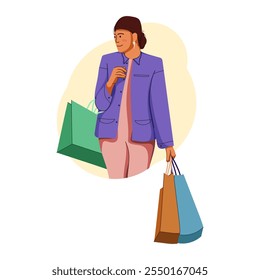 Ilustração de design plano sobre o comprador feminino após a venda. Moda mulher com muitas compras em mãos. Menina andando com sacolas de compras. Ilustração plana isolada sobre fundo branco.
