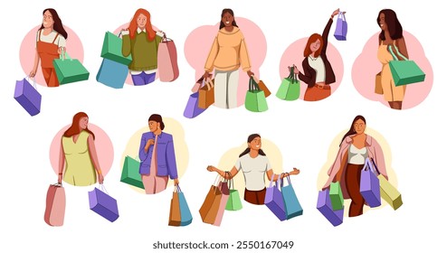 Illustration of flat design about female shopper after sale. Fashion woman with lot of purchases in hands. Girl walking with shopping bags. Flat illustration isolated on white background.