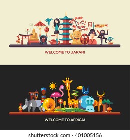 Illustration of flat design Africa and Japan travel vector banners set with icons, infographics elements, landmarks and famous African, Japanese symbols, with the hierglyphic character "Japan, sun".