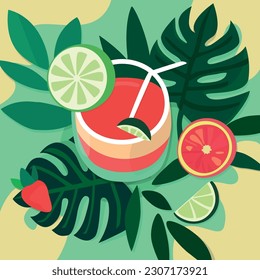 Illustration in flat design, bird's eye view of Cocktail with fruits lemon grapefruit and tropical plants. Summer vibes