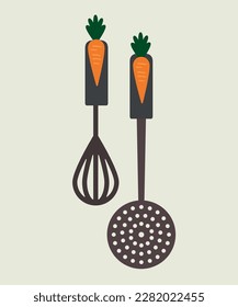 Illustration of Flat Design with Carrot Whisk and Mesh Skimmer