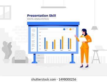 Illustration flat design cartoon concept people presentation skill data analystic. Workspace meeting room amd whiteboard show graph chart. Vector illustrate.