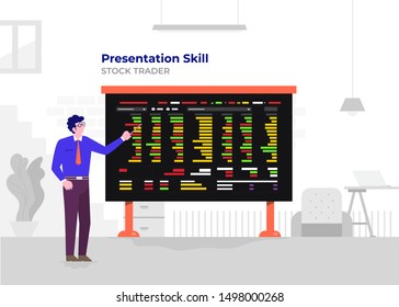 Illustration flat design cartoon concept people presentation skill. Workspace meeting room amd whiteboard show graph chart. Vector illustrate.