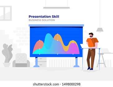 Illustration flat design cartoon concept people presentation skill. Workspace meeting room amd whiteboard show graph chart. Vector illustrate.