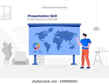 Illustration flat design cartoon concept people presentation skill. Workspace meeting room amd whiteboard show graph chart. Vector illustrate.