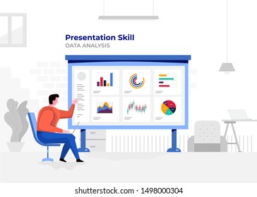 Illustration flat design cartoon concept people presentation skill. Workspace meeting room amd whiteboard show graph chart. Vector illustrate.