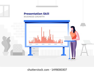 Illustration flat design cartoon concept people presentation skill. Workspace meeting room amd whiteboard show graph chart. Vector illustrate.