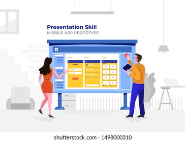 Illustration flat design cartoon concept people presentation skill. Mobile application prototype.  Workspace meeting room amd whiteboard show graph chart. Vector illustrate.