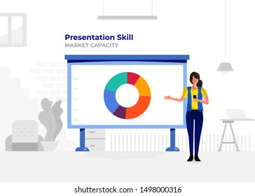 Illustration flat design cartoon concept people presentation skill. Workspace meeting room amd whiteboard show graph chart. Vector illustrate.