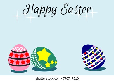 Illustration of a flat design cartoon vector, Easter eggs, on light blue background. Spring and Easter- related time. Picture with copy space for print, greeting card or graphic design.
