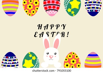 Illustration of a flat design cartoon vector, Easter eggs and rabbit or Easter bunny. Spring and Easter- related time. Picture with copy space for print, greeting card or graphic design.