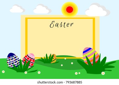 Illustration of a flat design cartoon vector. Green grass fields, flower and Easter egg. Spring and Easter- related time. Picture with copy space for print, greeting card or graphic design.