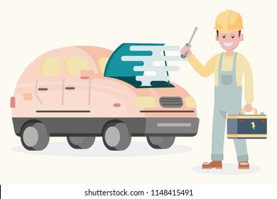 illustration flat design character , machanic with battery automobile service maintenance