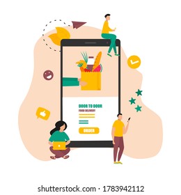 Ilustración diseño plano concepto de tienda online de comestibles y entrega de alimentos de puerta en puerta. Ilustración del vector