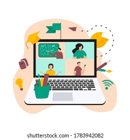 Ilustración concepto de diseño plano de la educación en línea. Los estudiantes aprenden a distancia durante una pandemia de coronavisrus. Ilustración del vector