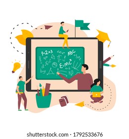Illustration flat design concept of online education. Students learn in distant during a pandemic coronavisrus. Vector illustration