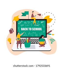 Illustration flat design concept of online education. Students learn in distant during a pandemic coronavisrus. Vector illustration