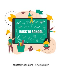 Illustration flat design concept of online education. Students learn in distant during a pandemic coronavisrus. Vector illustration