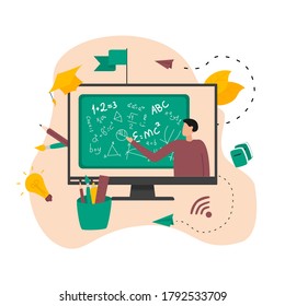 Illustration flat design concept of online education. Students learn in distant during a pandemic coronavisrus. Vector illustration