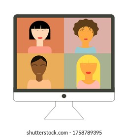 Ilustración de videoconferencia de concepto de diseño plano. Trabajo de reunión en línea desde casa. Ilustración vectorial.