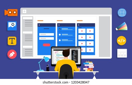 Illustration flat design concept web or application designer and programmer sitting working with computer on desk. Vector illustrate.