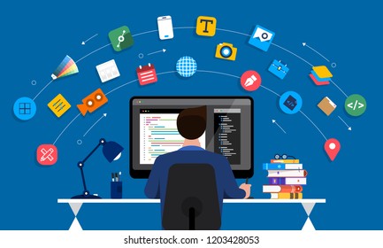 Illustration flat design concept web or application designer and programmer sitting working with computer on desk. Vector illustrate.