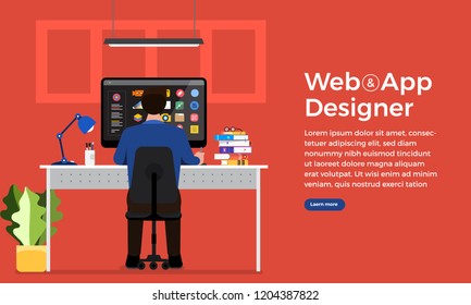 Illustration flat design concept web or application designer and programmer sitting working with computer on desk. Vector illustrate.