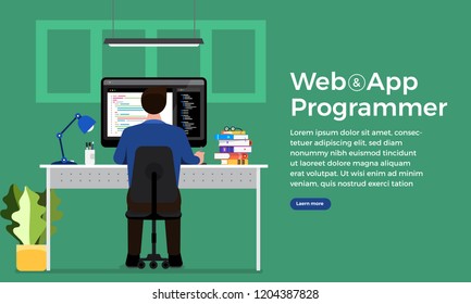 Illustration flat design concept web or application designer and programmer sitting working with computer on desk. Vector illustrate.