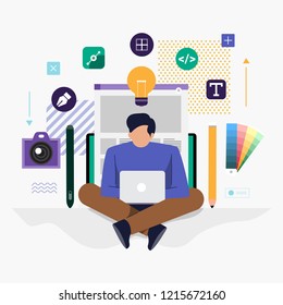 Illustration flat design concept web or application designer and programmer sitting working with laptop. Vector illustrate.